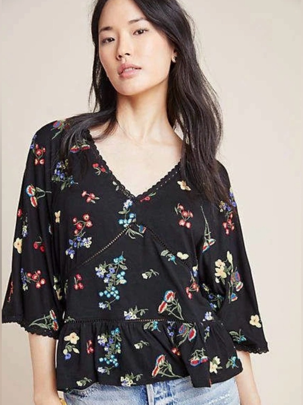 Anthropologie Pavarti Embroidered Lace Trim Floral Blouse